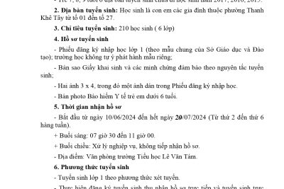 Thông báo về việc tuyển sinh vào lớp 1 năm học 2024 – 2025