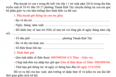 Thông báo về việc nộp hồ sơ tuyển sinh lớp 1 năm học 2020 – 2021