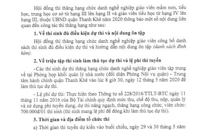 Một số nội dung thi thăng hạng giáo viên mầm non, tiểu học, trung học cơ sở từ hạng III lên hạng II và giáo viên tiểu học từ hạng IV lên hạng III, thuộc UBND quận Thanh Khê năm 2020